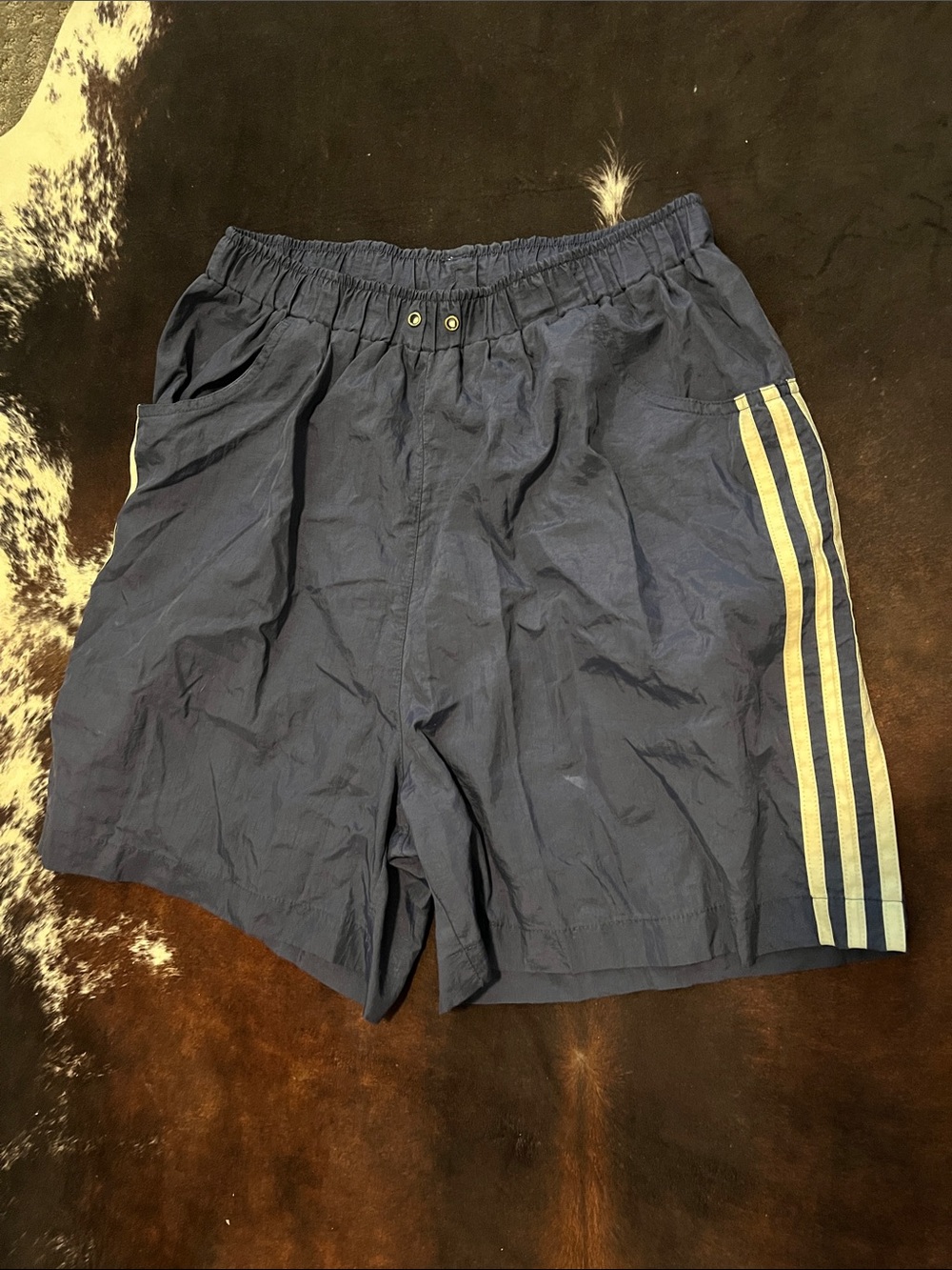 adidas vintage navy Athletic Shorts with Light Stripe Accents